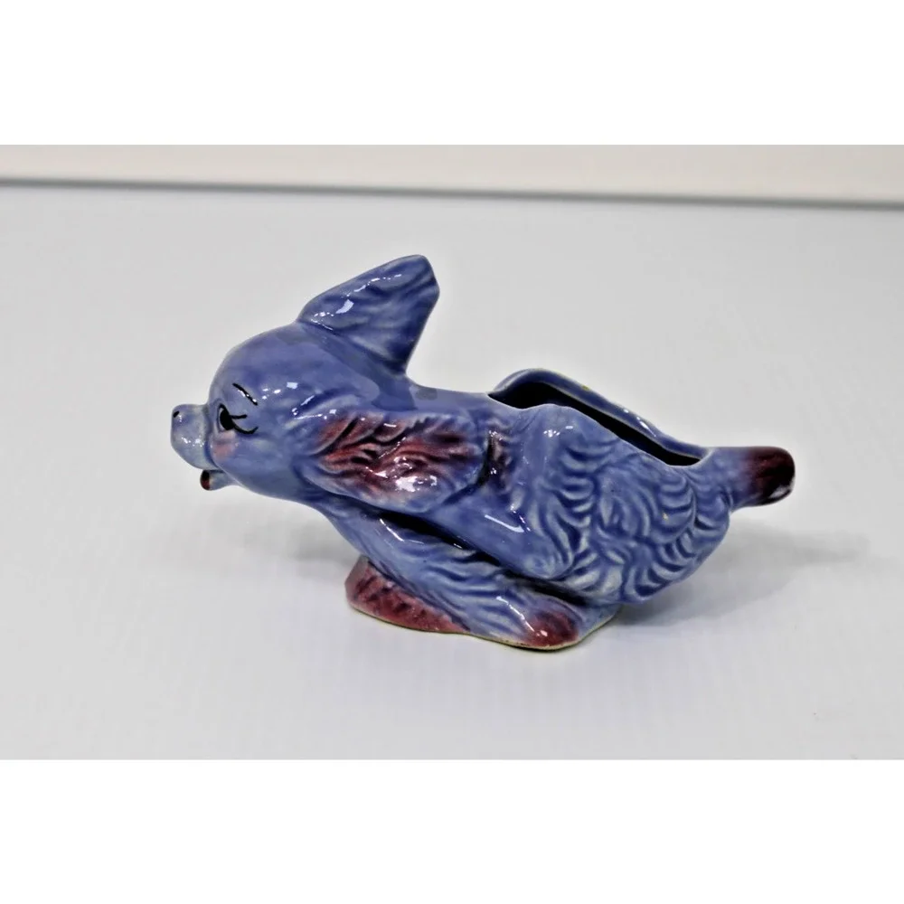 Vintage Shawnee Pottery Small Running Puppy Planter, Blue Dog, Kitschy!